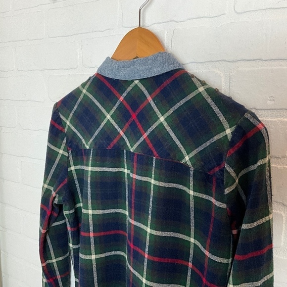 Vintage Y2K Button down Shirt Plaid Flanelle Studds Elbow patches Amnesia Navy S - Picture 12 of 16